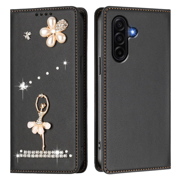 For Samsung Galaxy A57 5G Leather Case RFID Blocking Wallet Stand Rhinestones Ballet Dancer Flip Phone Cover - Black - 1