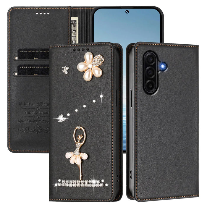 For Samsung Galaxy A57 5G Leather Case RFID Blocking Wallet Stand Rhinestones Ballet Dancer Flip Phone Cover - Black - 2