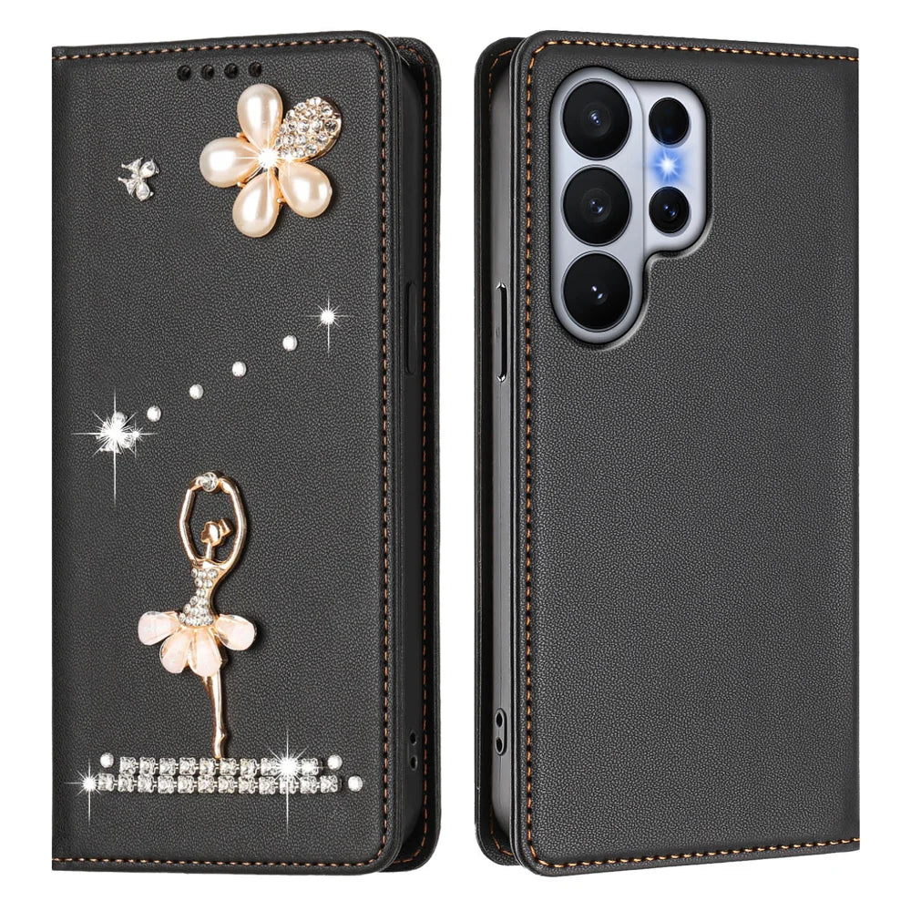 For Samsung Galaxy S26 Ultra Leather Case RFID Blocking Wallet Stand Rhinestones Ballet Dancer Flip Phone Cover - Black - 1