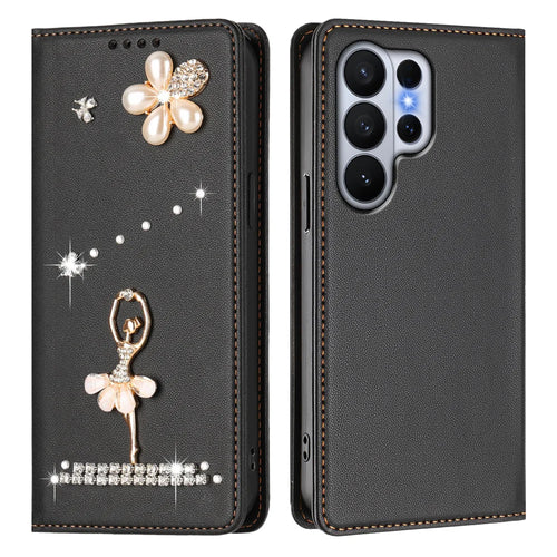 For Samsung Galaxy S26 Ultra Leather Case RFID Blocking Wallet Stand Rhinestones Ballet Dancer Flip Phone Cover - Black - 1