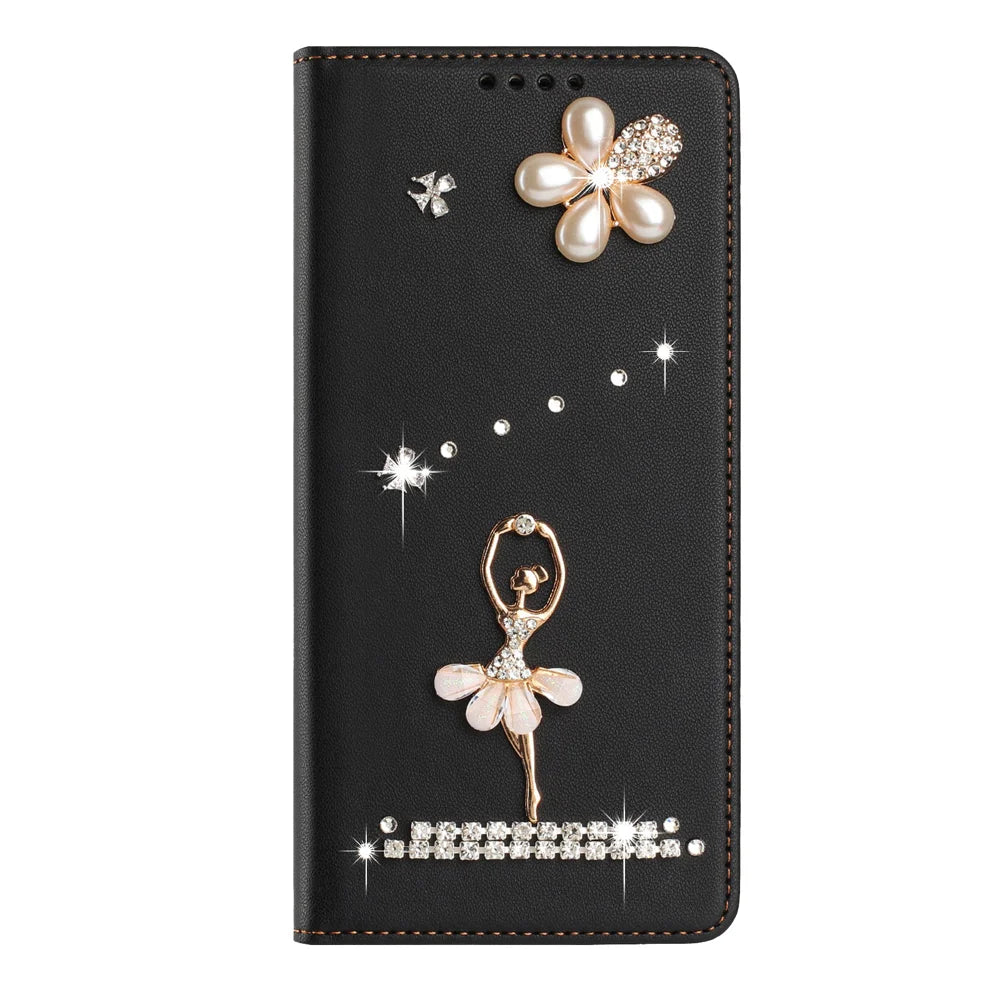 For Samsung Galaxy S26 Ultra Leather Case RFID Blocking Wallet Stand Rhinestones Ballet Dancer Flip Phone Cover - Black - 3