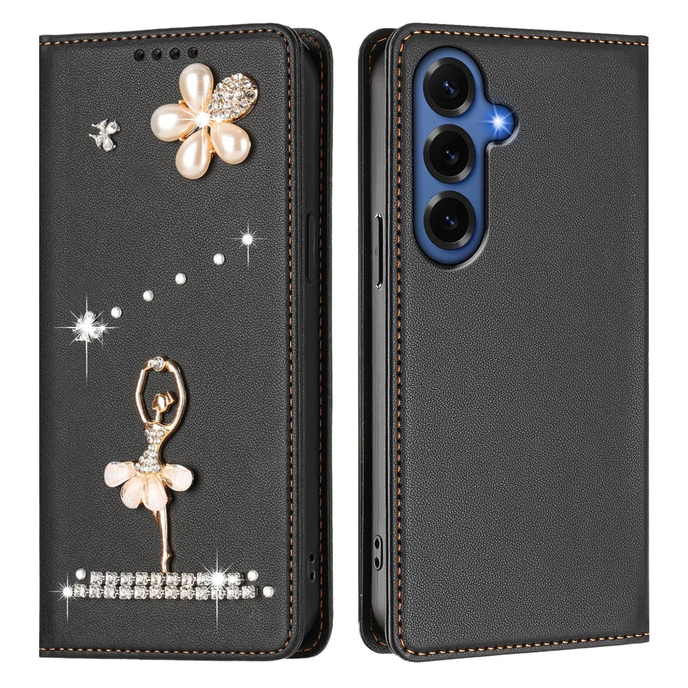 For Samsung Galaxy S26+ Leather Case RFID Blocking Wallet Stand Rhinestones Ballet Dancer Flip Phone Cover - Black - 1