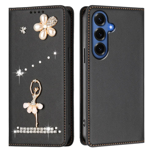 For Samsung Galaxy S26+ Leather Case RFID Blocking Wallet Stand Rhinestones Ballet Dancer Flip Phone Cover - Black - 1