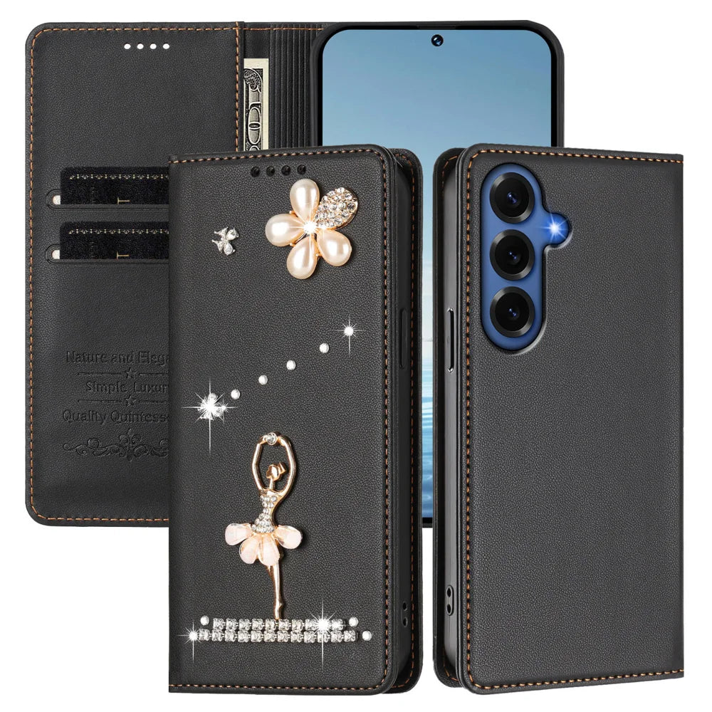 For Samsung Galaxy S26+ Leather Case RFID Blocking Wallet Stand Rhinestones Ballet Dancer Flip Phone Cover - Black - 2