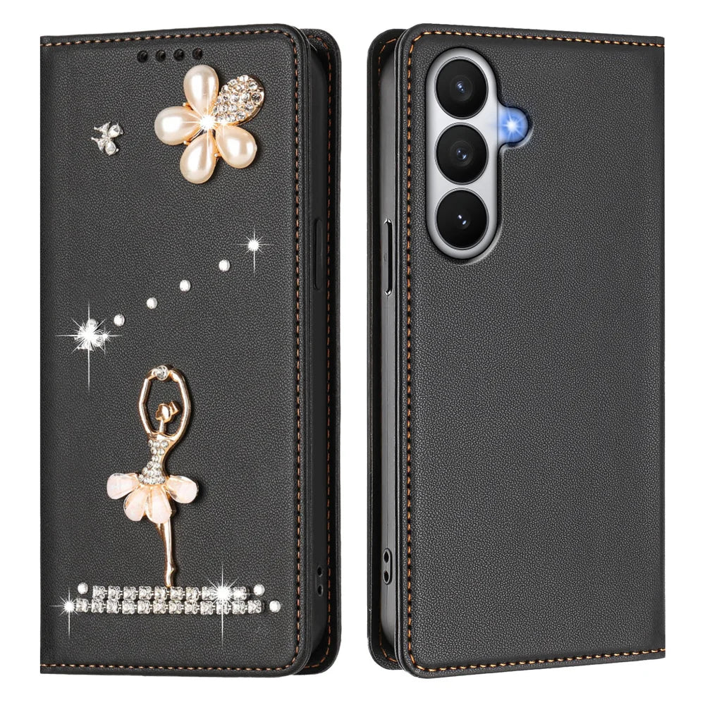 For Samsung Galaxy S26 Leather Case RFID Blocking Wallet Stand Rhinestones Ballet Dancer Flip Phone Cover - Black - 1