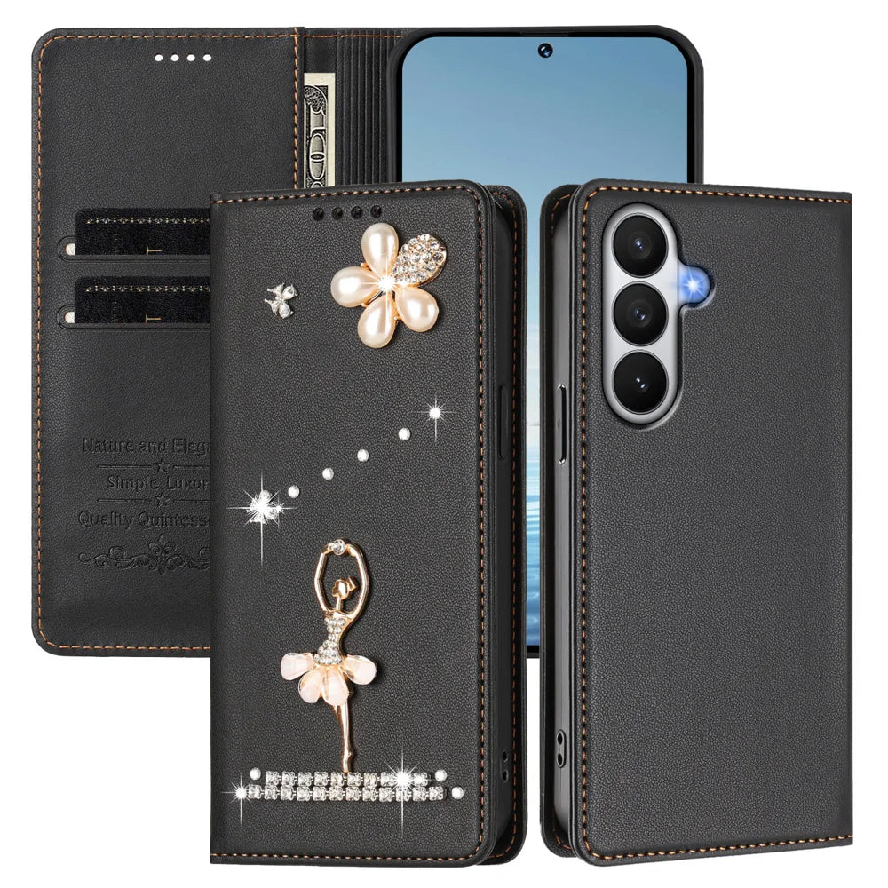 For Samsung Galaxy S26 Leather Case RFID Blocking Wallet Stand Rhinestones Ballet Dancer Flip Phone Cover - Black - 2