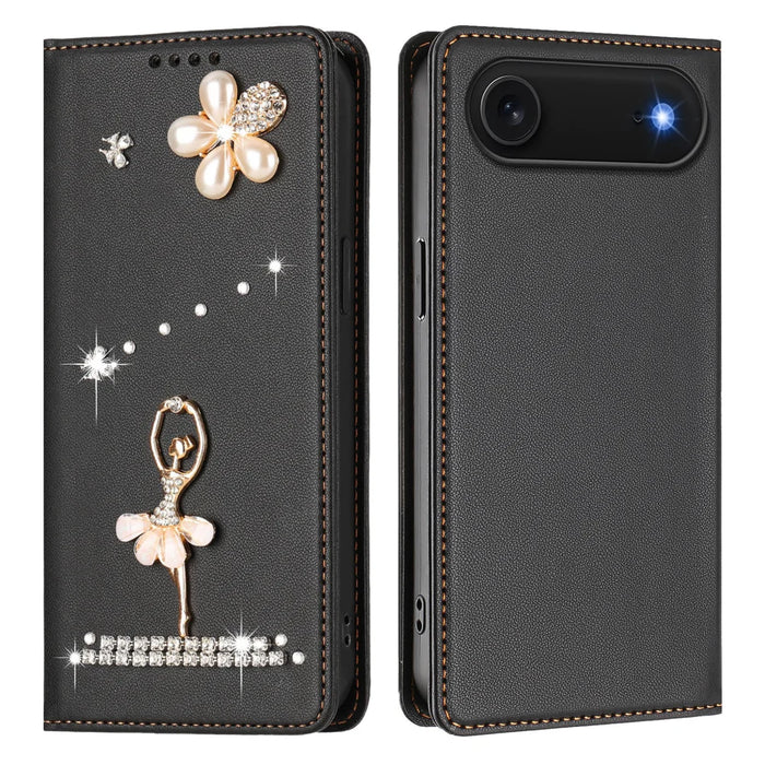 For iPhone Air Leather Case RFID Blocking Wallet Stand Rhinestones Ballet Dancer Flip Phone Cover - Black - 1