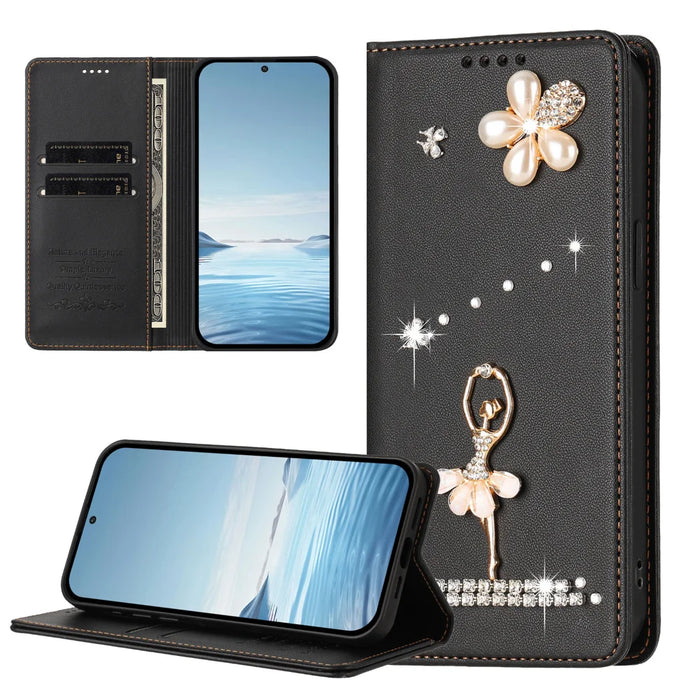 For iPhone Air Leather Case RFID Blocking Wallet Stand Rhinestones Ballet Dancer Flip Phone Cover - Black - 6