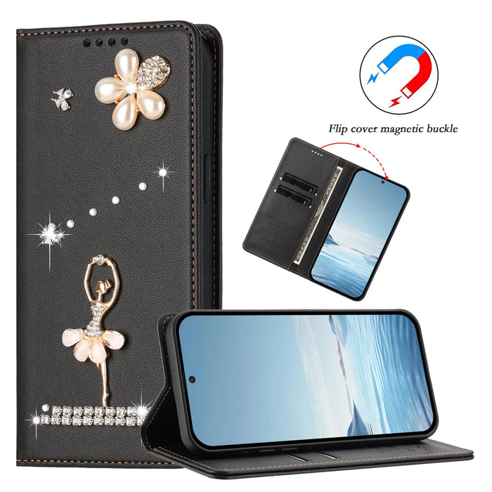 For iPhone Air Leather Case RFID Blocking Wallet Stand Rhinestones Ballet Dancer Flip Phone Cover - Black - 7