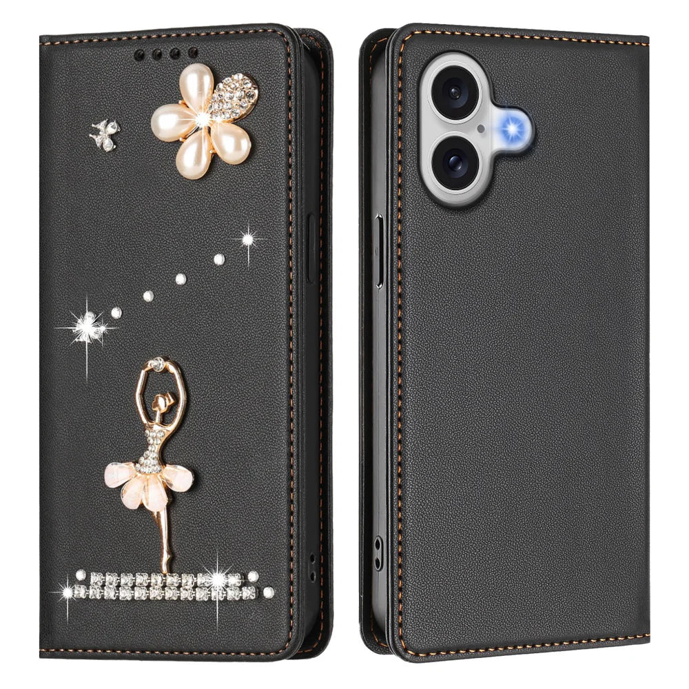 For iPhone 17 Leather Case RFID Blocking Wallet Stand Rhinestones Ballet Dancer Flip Phone Cover - Black - 1