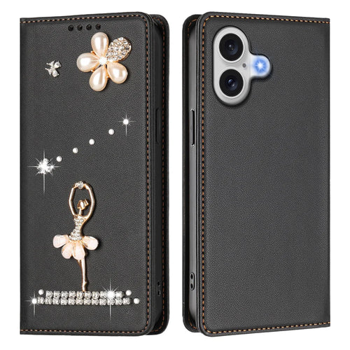 For iPhone 17 Leather Case RFID Blocking Wallet Stand Rhinestones Ballet Dancer Flip Phone Cover - Black - 1
