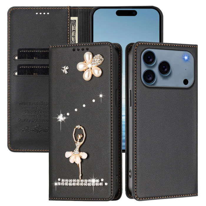 For iPhone 18 Pro / 17 Pro Leather Case RFID Blocking Wallet Stand Rhinestones Ballet Dancer Flip Phone Cover - Black - 2