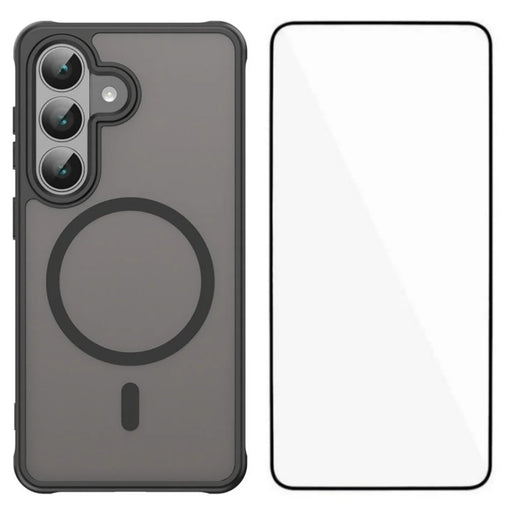 WANLONFENG FD Series For Samsung Galaxy S26 Magnetic Case PC TPU Skin Touch Anti-drop Large Lens Phone Back Cover with Tempered Glass - Black - 1