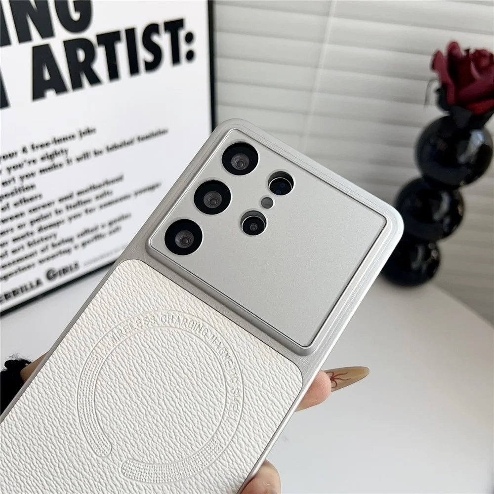 For Samsung Galaxy S26 Ultra Magnetic Case Precise Cutouts Textured PU Leather Coated PC + TPU Phone Cover - White - 3