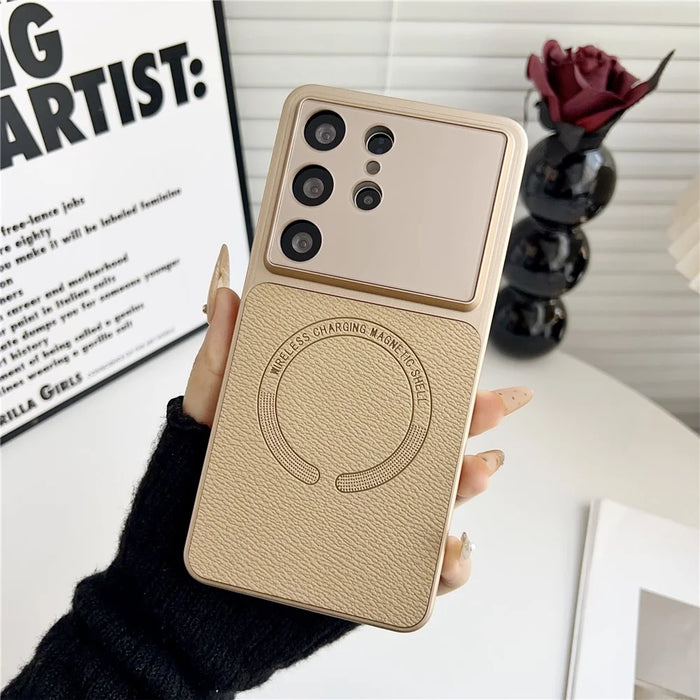 For Samsung Galaxy S24 Ultra Case Precise Cutouts Textured PU Leather Coated PC + TPU Phone Cover - Khaki - 2