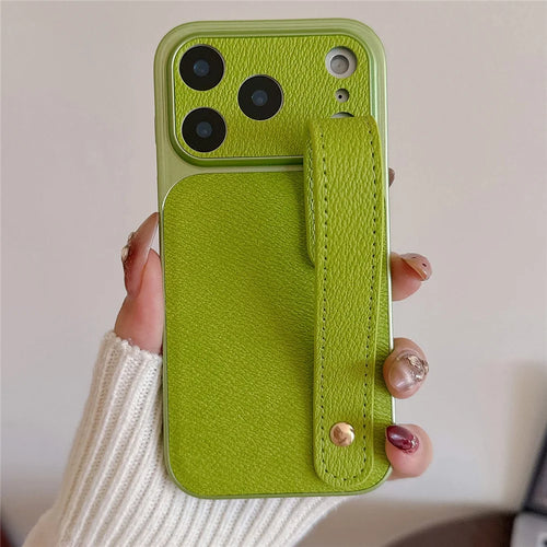 For iPhone 17 Pro Case with Wristband Precise Cutouts Textured TPU PU Leather PC Phone Cover - Green - 1