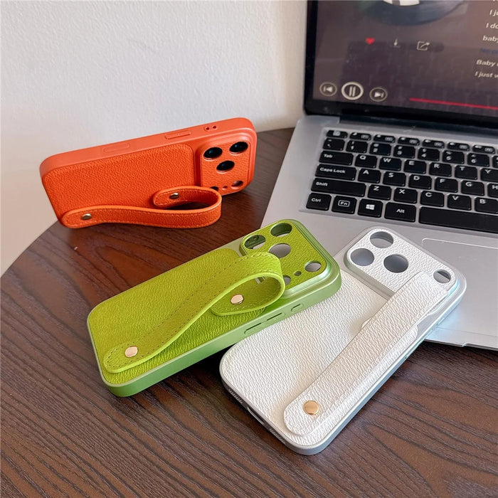 For iPhone 17 Pro Case with Wristband Precise Cutouts Textured TPU PU Leather PC Phone Cover - Green - 2