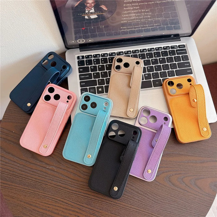 For iPhone 17 Pro Case with Wristband Precise Cutouts Textured TPU PU Leather PC Phone Cover - Green - 5