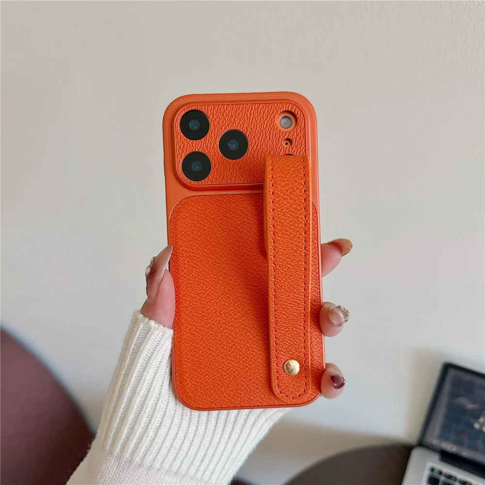 For iPhone 17 Pro Max Case with Wristband Precise Cutouts Textured TPU PU Leather PC Phone Cover - Orange - 2
