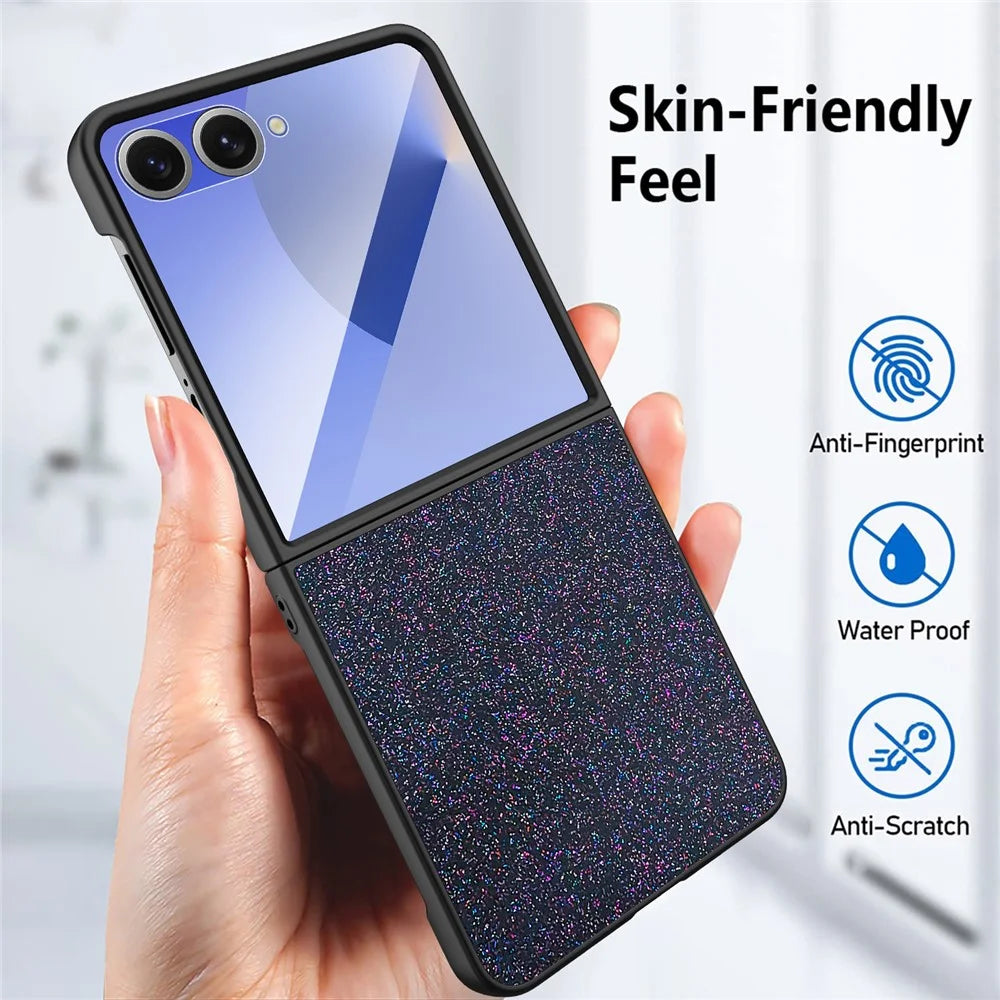 For Samsung Galaxy Z Flip7 5G Case Anti-Fingerprint PU + PC + Tempered Glass Phone Back Cover - Black - 2