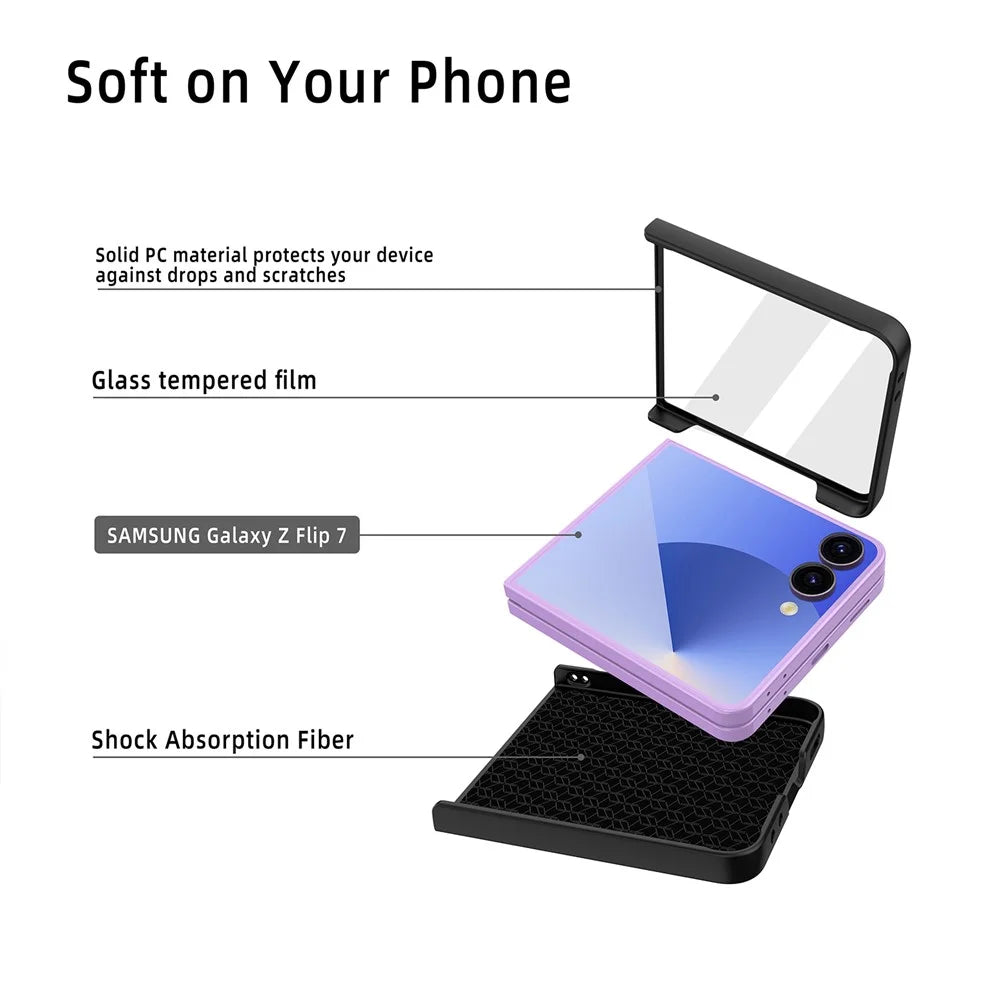 For Samsung Galaxy Z Flip7 5G Case Anti-Fingerprint PU + PC + Tempered Glass Phone Back Cover - Black - 5