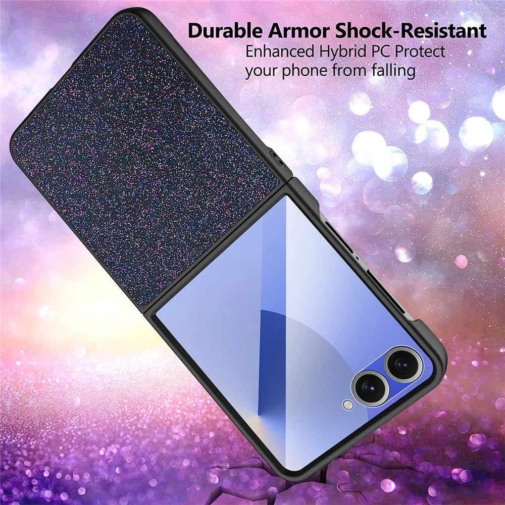For Samsung Galaxy Z Flip7 5G Case Anti-Fingerprint PU + PC + Tempered Glass Phone Back Cover - Black - 6