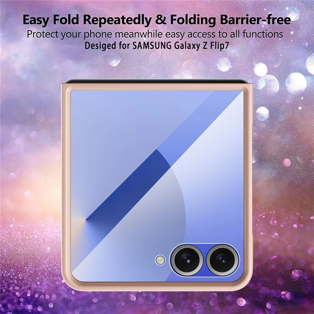 For Samsung Galaxy Z Flip7 5G Case Anti-Fingerprint PU + PC + Tempered Glass Phone Back Cover - Black - 7