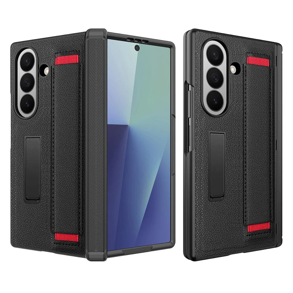 For Samsung Galaxy Z Fold7 5G Case PC PU Leather Wristband Design Phone Cover with Kickstand and Front Screen Film - Black - 1