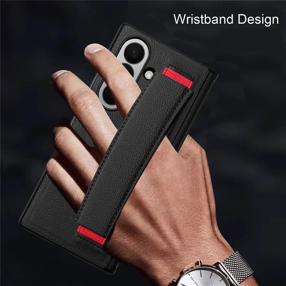 For Samsung Galaxy Z Fold7 5G Case PC PU Leather Wristband Design Phone Cover with Kickstand and Front Screen Film - Black - 2