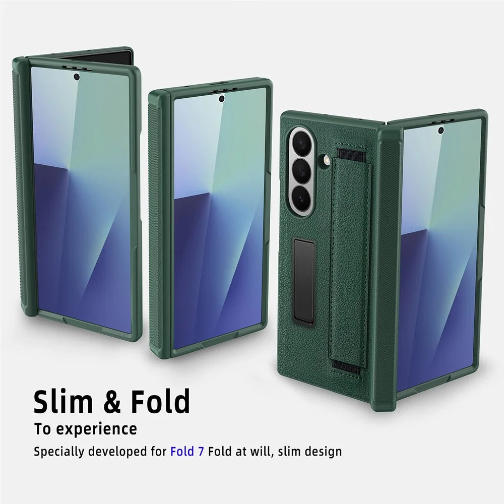 For Samsung Galaxy Z Fold7 5G Case PC PU Leather Wristband Design Phone Cover with Kickstand and Front Screen Film - Black - 3