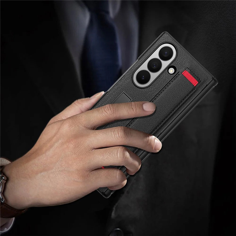 For Samsung Galaxy Z Fold7 5G Case PC PU Leather Wristband Design Phone Cover with Kickstand and Front Screen Film - Black - 4