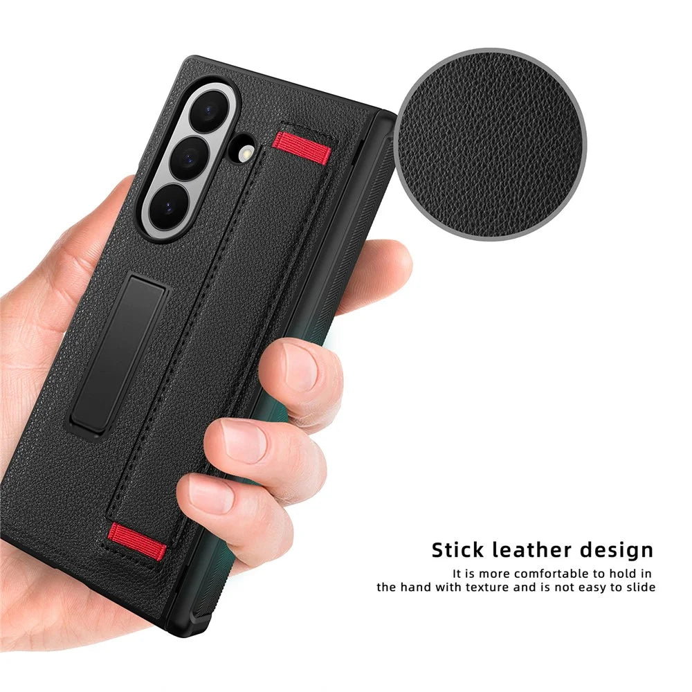 For Samsung Galaxy Z Fold7 5G Case PC PU Leather Wristband Design Phone Cover with Kickstand and Front Screen Film - Black - 7