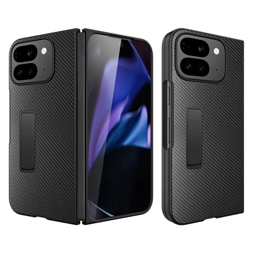For Google Pixel 10 Pro Fold Case Litchi Texture PU+PC Invisible Kickstand Phone Cover with Screen  /  Lens Film - Texture Black - 1