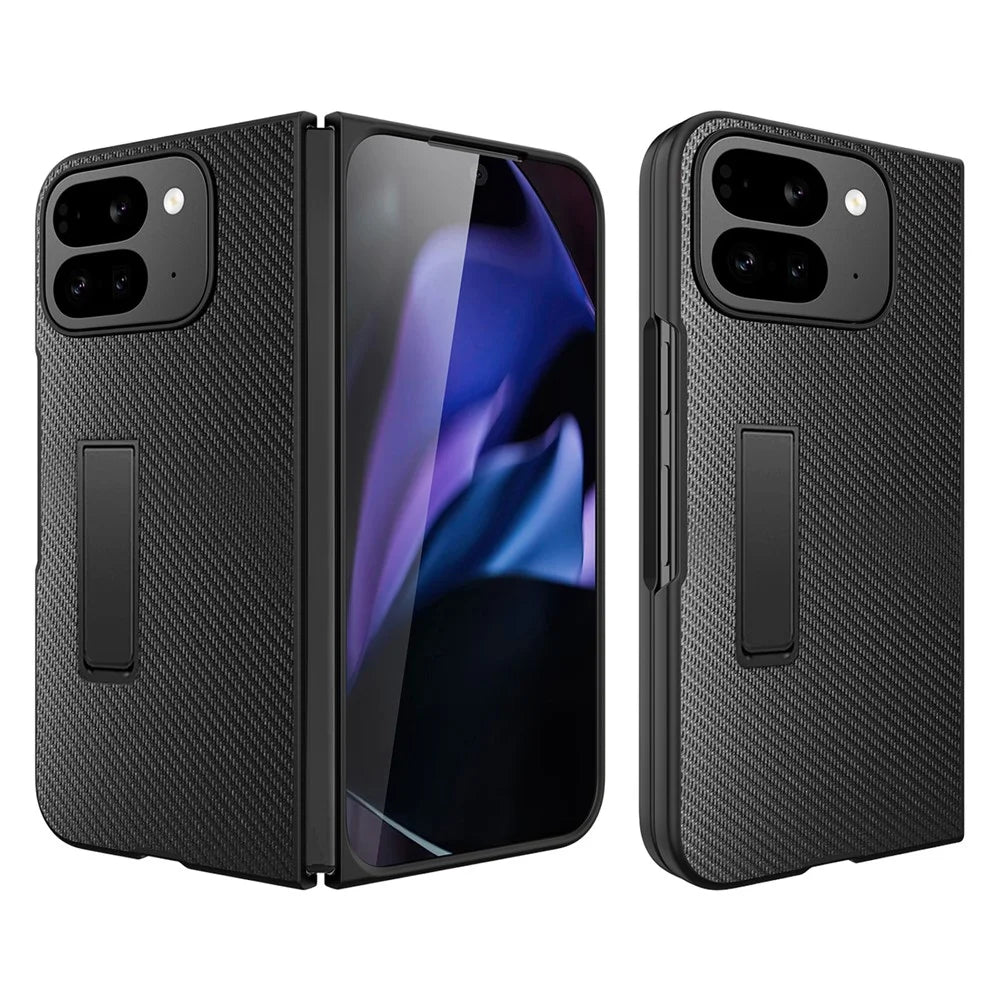 For Google Pixel 10 Pro Fold Case Litchi Texture PU+PC Invisible Kickstand Phone Cover with Screen  /  Lens Film - Texture Black - 1