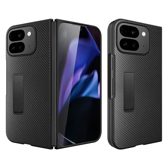 For Google Pixel 10 Pro Fold Case Litchi Texture PU+PC Invisible Kickstand Phone Cover with Screen  /  Lens Film - Texture Black - 1