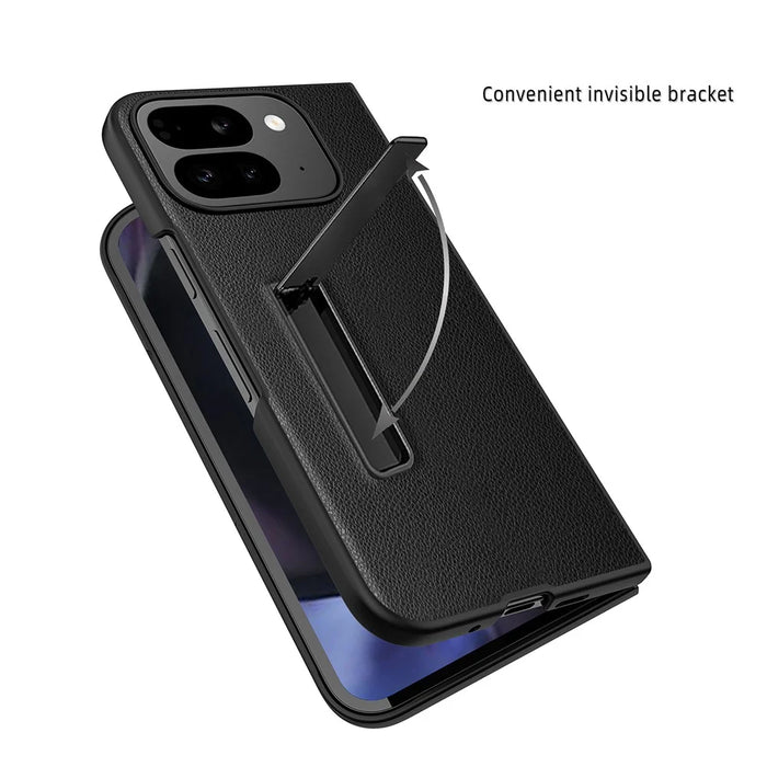 For Google Pixel 10 Pro Fold Case Litchi Texture PU+PC Invisible Kickstand Phone Cover with Screen  /  Lens Film - Texture Black - 3