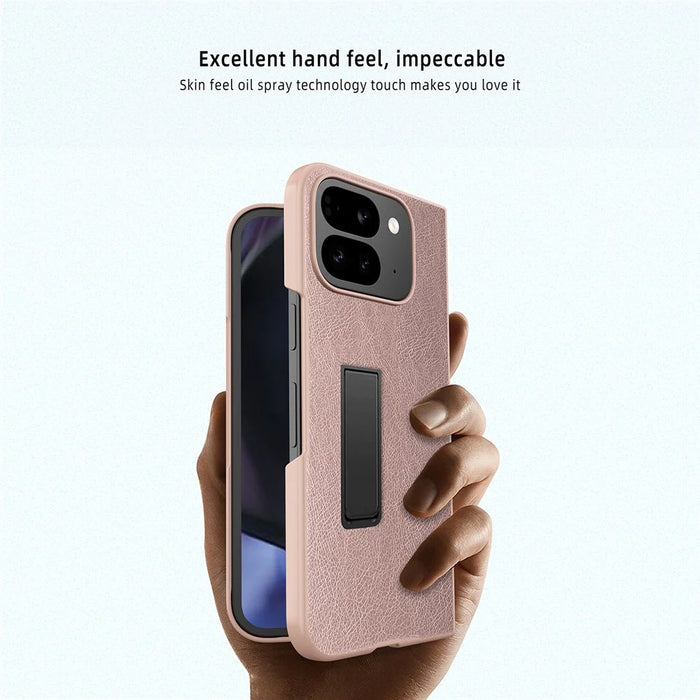 For Google Pixel 10 Pro Fold Case Litchi Texture PU+PC Invisible Kickstand Phone Cover with Screen  /  Lens Film - Texture Black - 4