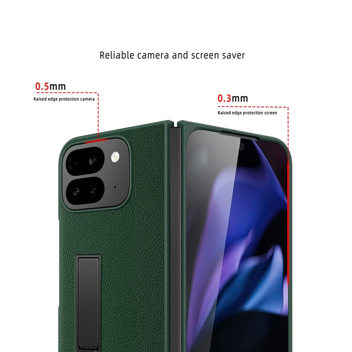 For Google Pixel 10 Pro Fold Case Litchi Texture PU+PC Invisible Kickstand Phone Cover with Screen  /  Lens Film - Texture Black - 7