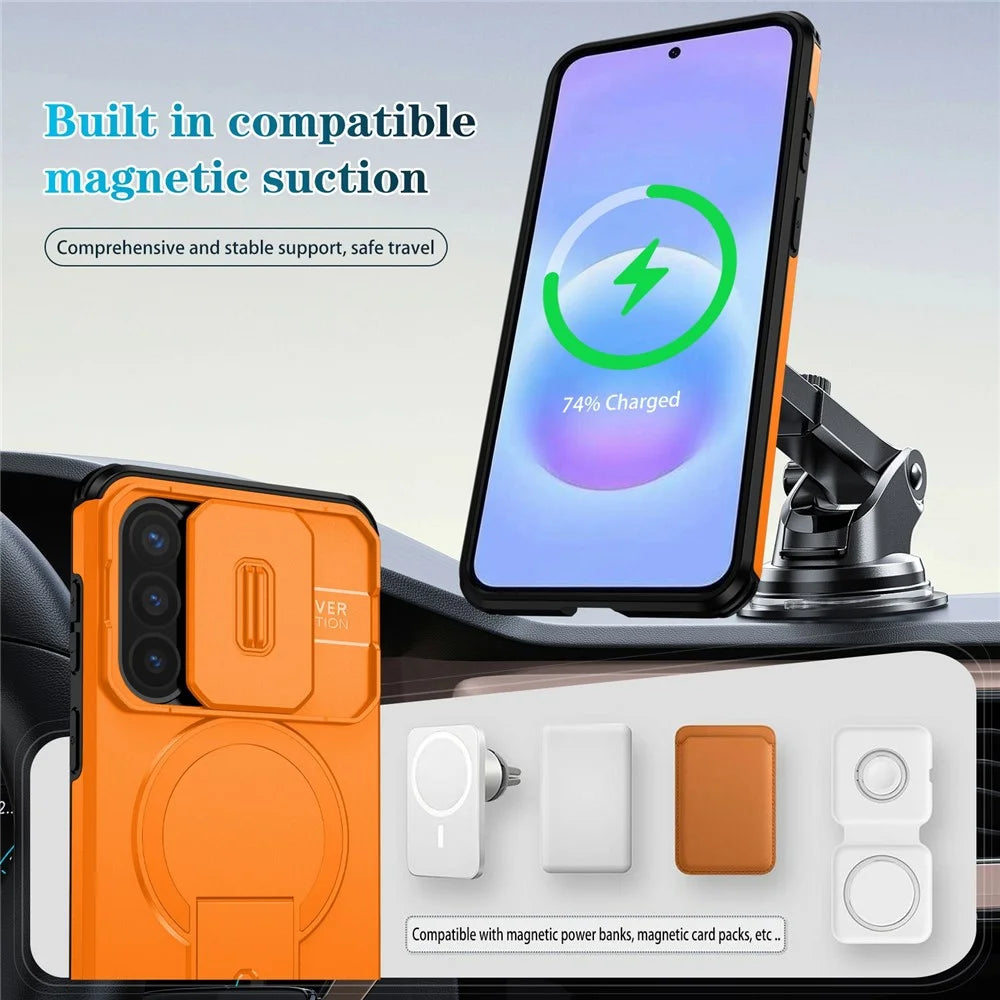 For Samsung Galaxy A57 5G Magnetic Case Kickstand Camera Slider PC + TPU Phone Cover - Orange - 3