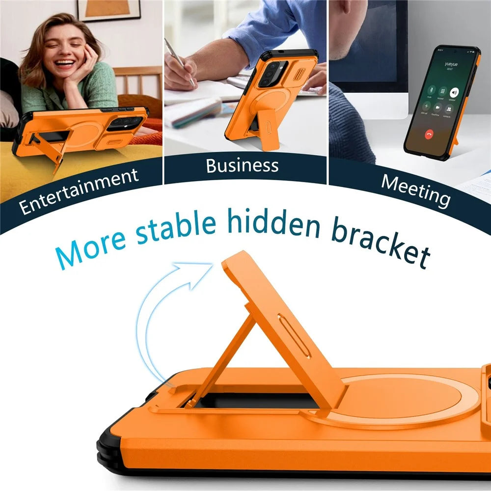 For Samsung Galaxy A57 5G Magnetic Case Kickstand Camera Slider PC + TPU Phone Cover - Orange - 4