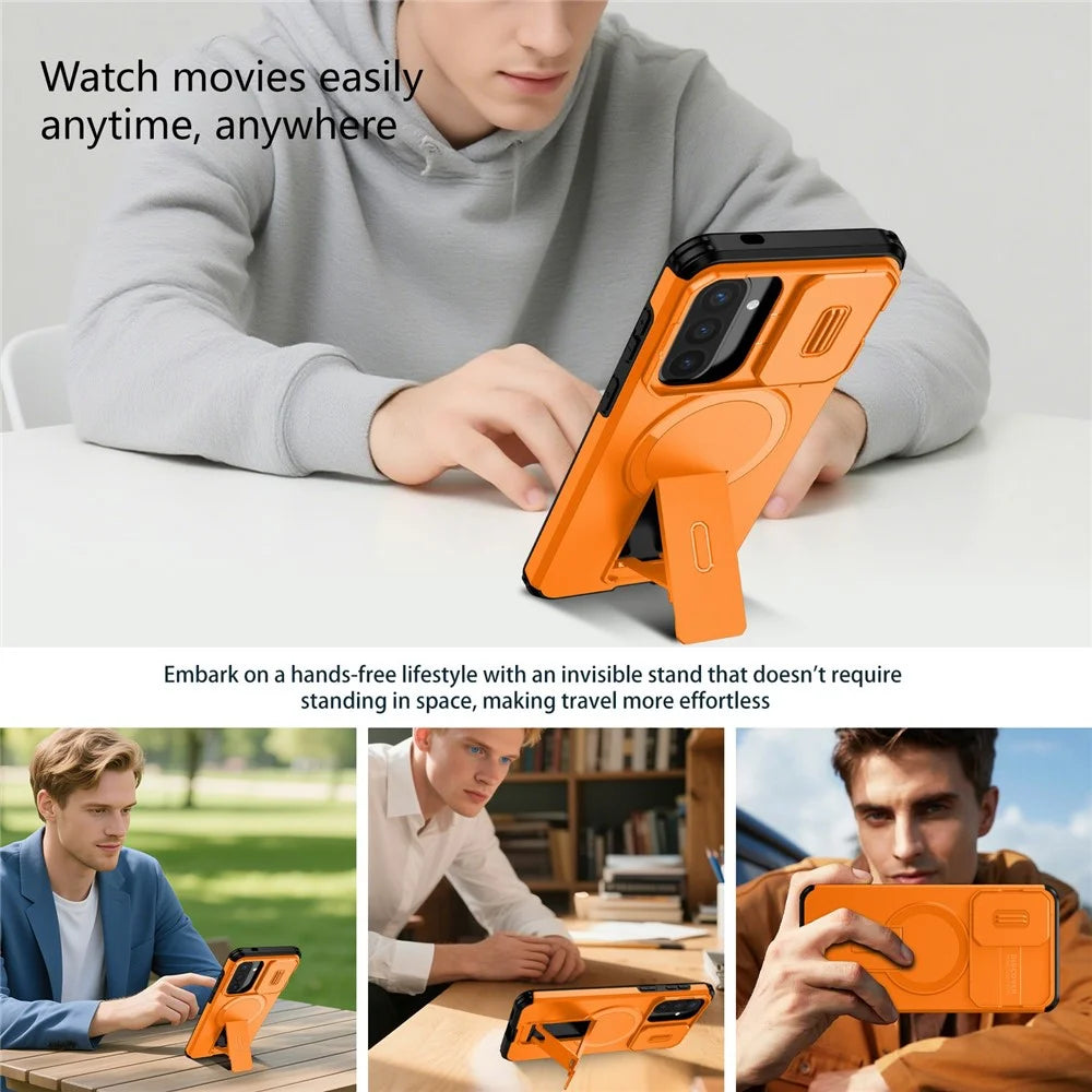 For Samsung Galaxy A57 5G Magnetic Case Kickstand Camera Slider PC + TPU Phone Cover - Orange - 5