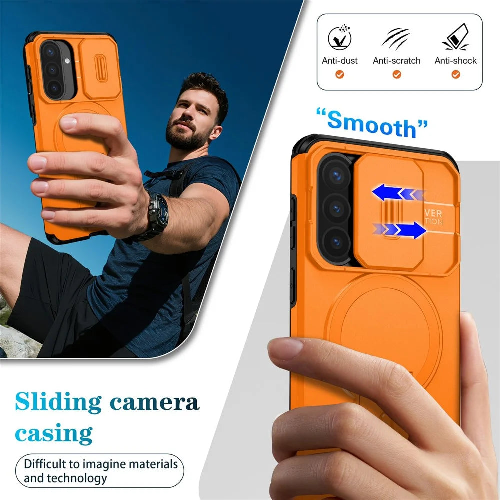 For Samsung Galaxy A57 5G Magnetic Case Kickstand Camera Slider PC + TPU Phone Cover - Orange - 6
