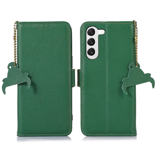 Genuine Leather Case for Samsung Galaxy S23+, Side Magnetic Closure Phone Case RFID Blocking Wallet Phone Cover with Stand - Green - 1
