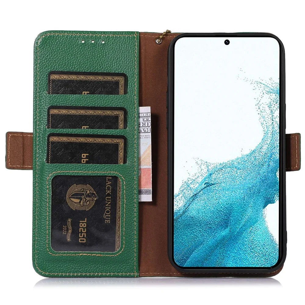 Genuine Leather Case for Samsung Galaxy S23+, Side Magnetic Closure Phone Case RFID Blocking Wallet Phone Cover with Stand - Green - 2