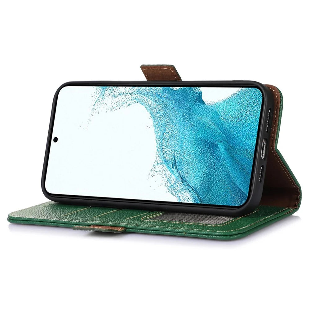Genuine Leather Case for Samsung Galaxy S23+, Side Magnetic Closure Phone Case RFID Blocking Wallet Phone Cover with Stand - Green - 3