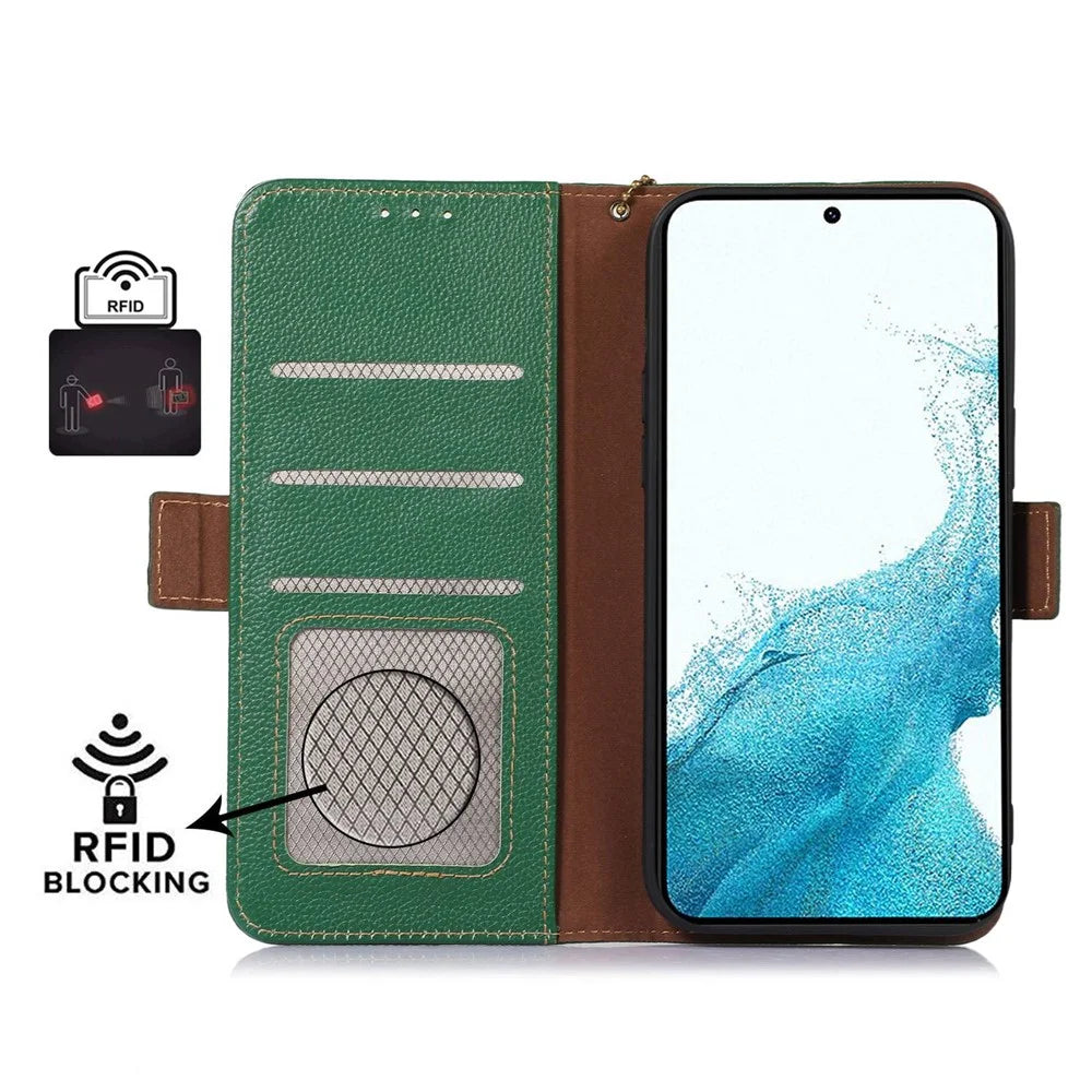 Genuine Leather Case for Samsung Galaxy S23+, Side Magnetic Closure Phone Case RFID Blocking Wallet Phone Cover with Stand - Green - 4
