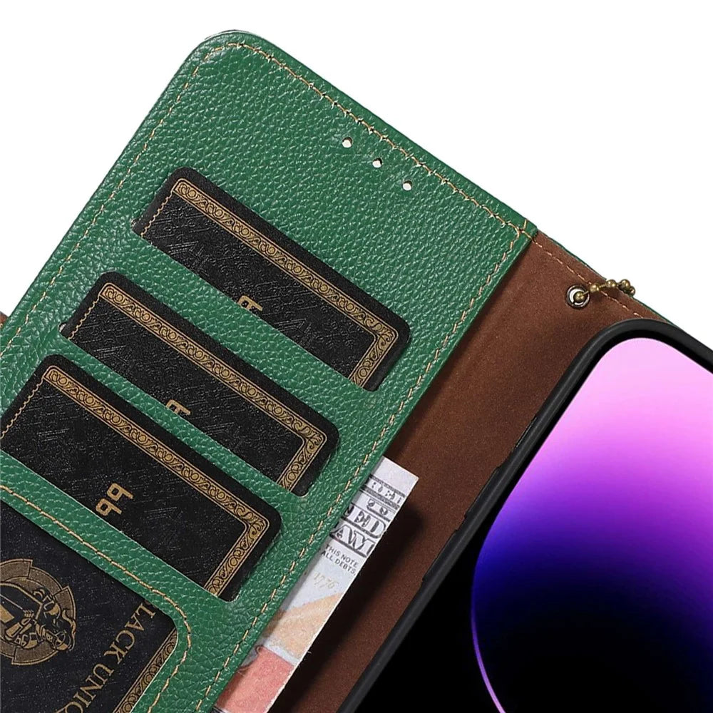 Genuine Leather Case for Samsung Galaxy S23+, Side Magnetic Closure Phone Case RFID Blocking Wallet Phone Cover with Stand - Green - 5