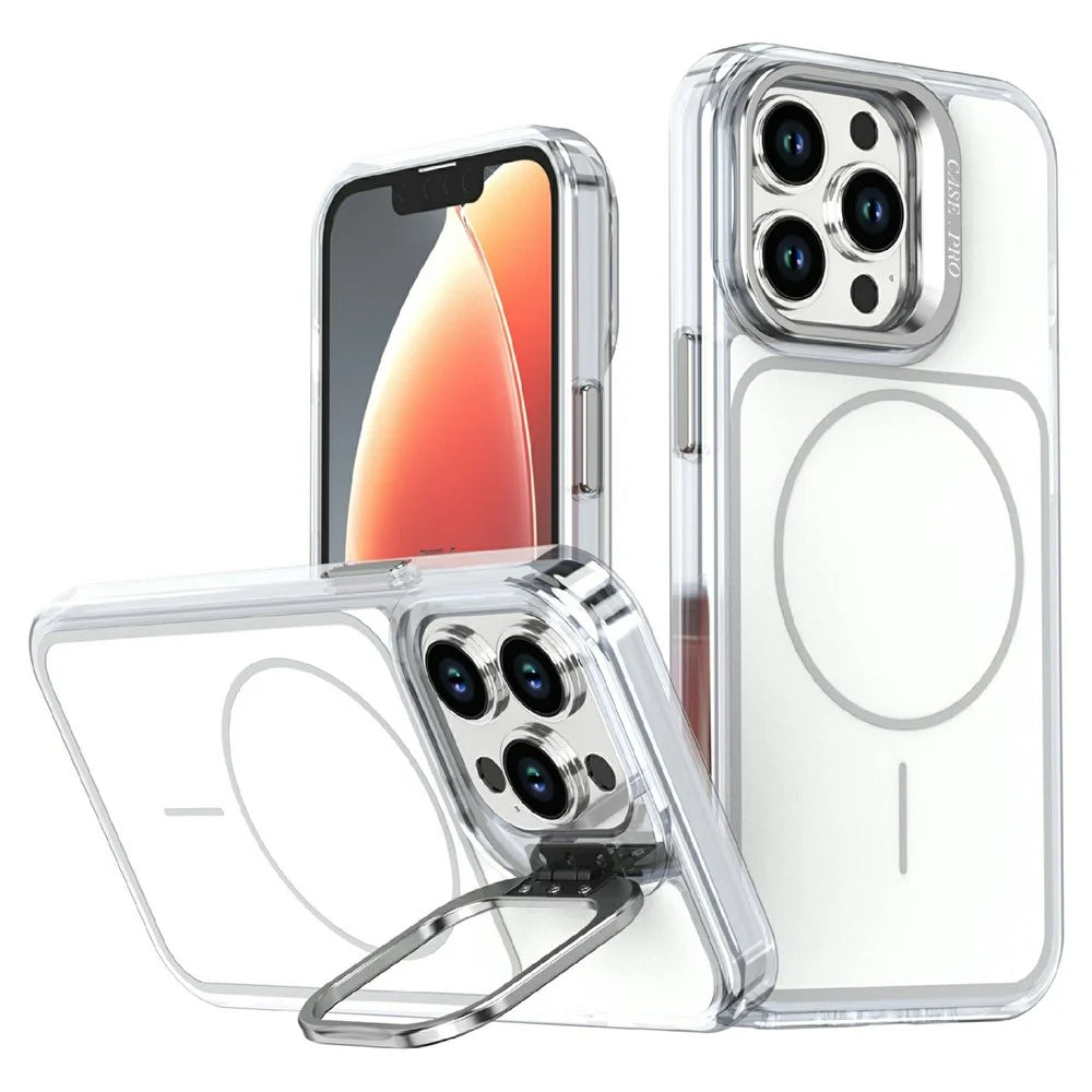 For iPhone 14 Pro Magnetic Case Matching Color Lens Kickstand TPU PC Phone Cover Compatible with MagSafe - White - 1