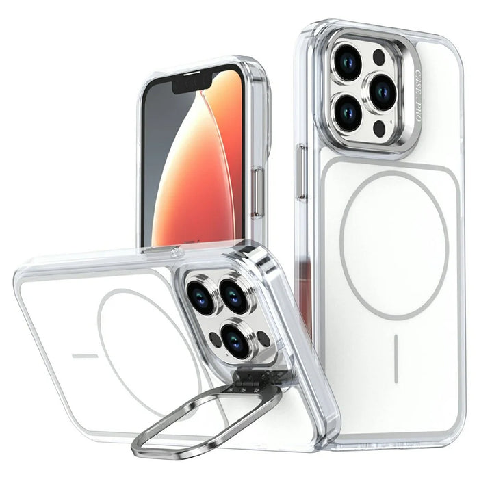 For iPhone 14 Pro Magnetic Case Matching Color Lens Kickstand TPU PC Phone Cover Compatible with MagSafe - White - 1