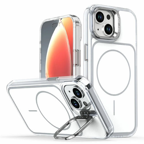 For iPhone 15 Magnetic Case Matching Color Lens Kickstand TPU PC Phone Cover Compatible with MagSafe - White - 1